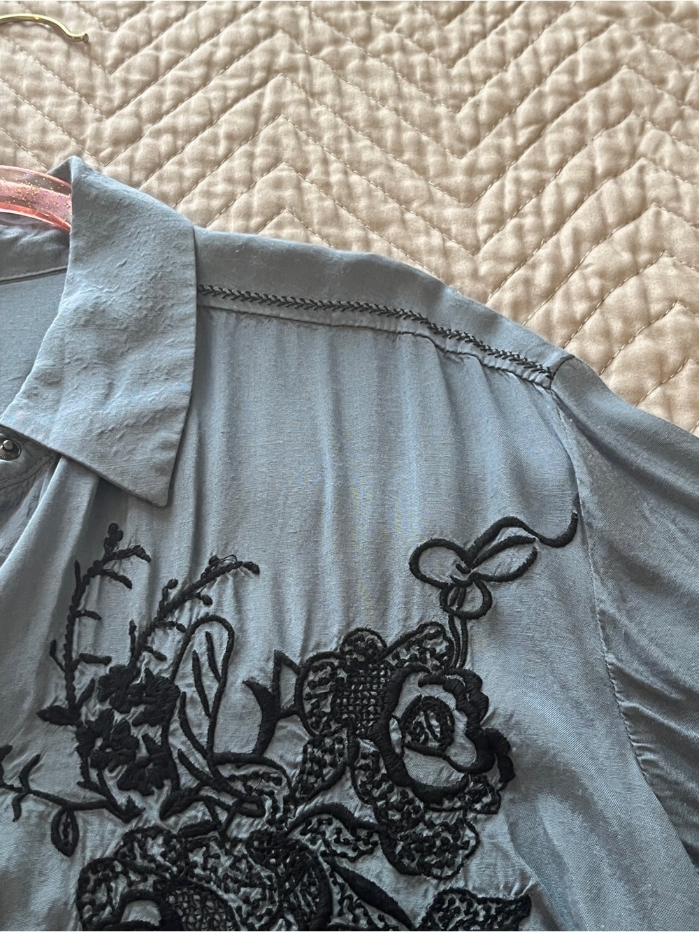 Free People Light Blue Snap Shirt with Black Floral Embroidery - Picture 6 of 10